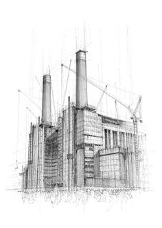 a black and white drawing of an industrial building with scaffolding on the side