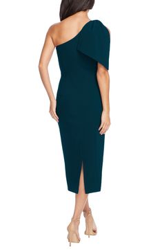 An elegant one-shoulder neckline and figure-hugging silhouette style a sophisticated midi dress with two panels that cascade over the single shoulder. 44" length (size Medium) One-shoulder neck Sleeveless Lined 97% polyester, 3% spandex Dry clean or machine wash, line dry Imported Affordable One Shoulder Midi Dress For Night Out, Cheap Fitted One-shoulder Midi Dress, Elegant Off-shoulder Midi Dress For Wedding Guest, Chic Midi Dress With Asymmetrical Neckline For Wedding Guest, Off-shoulder Midi Dress For Wedding Guest, Elegant One-shoulder Dress With Asymmetrical Neckline For Wedding Guest, Chic One Shoulder Midi Evening Dress, One Shoulder Midi Dress For Wedding Guest, Midi-length One Shoulder Dress For Wedding Guest