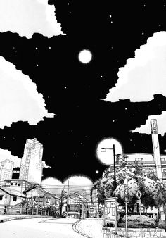 an artistic black and white drawing of the night sky over a city with tall buildings