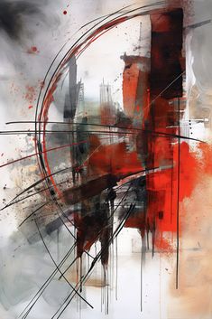 an abstract painting with red and grey colors