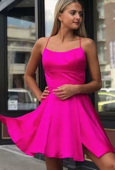 MACloth Spaghetti Straps Scoop Neck Mini Prom Homecoming Dress Hot Pink Cocktail Dress #pink #dress #gown #prom #prom2019 #promdress #promgown #hautecouture #eveingdress #eveninggown #wedding #bridal #Couturefashion #vestido #novias Satin Prom Dress Short, Gaun Koktail, Burgundy Cocktail Dress, Simple Homecoming Dresses, Short Graduation Dresses, Bts Frases, Short Satin, Satin Homecoming Dress, Spaghetti Strap Prom Dress