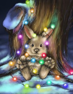 a painting of a bunny with christmas lights around it's neck and paws on the ground