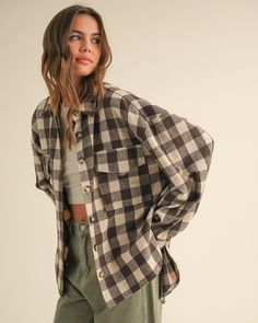 A fall staple that's ready for anything from hikes to hangouts. This plaid flannel shacket is crafted with soft brushed fabric that feels like a warm hug on a chilly morning. It's oversized fit means you can throw it on over your favorite tee or a chunky sweater. Brown Flannel Outfit, Flannel Outfit, Brown Flannel, Flannel Shacket, Denim Essentials, Oversized Flannel, Queer Fashion, Beauty Event, Denim Day