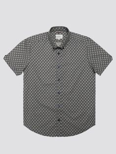 A regular fit shirt designed with a block geo print. Featuring a curved hem, two finger button down collar and a Ben Sherman branded woven tab at the side seam. Made from 100% cotton. 100% COTTON 40 DEGREE WASH WASH DARK COLORS SEPARATELY MEDIUM IRON Cotton Shirt With Geometric Pattern And Relaxed Fit, Relaxed Fit Cotton Shirt With Geometric Pattern, Cotton Shirt With Relaxed Fit And Geometric Pattern, Relaxed Cotton Shirt With Geometric Pattern, Spring Cotton Shirt With Geometric Pattern, Modern Printed Cotton Tops, Short Sleeve Cotton Shirt With Geometric Pattern, Cotton Top With Geometric Pattern, Black Shirt With Geometric Pattern For Spring