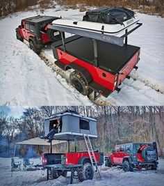 there are two jeeps that have been converted to travel in the snow, and one is