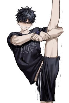 an anime character with black hair and no shirt on, holding his arm up in the air