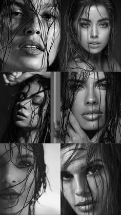 black and white photos of women with wet hair