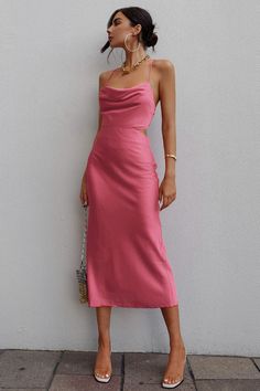 Cowl Neckline, Cut Out Design, Your Back, Invisible Zipper, Guest Dresses, Mini Black Dress, Midi Length, Pink Dress