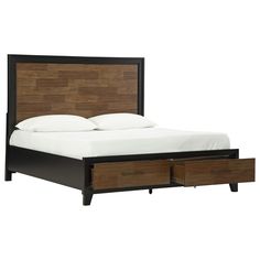 a bed with two drawers underneath it and a white sheet on the top of the bed