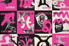 several posters with different types of animals and words in pink, black and white colors