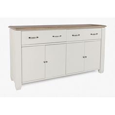 a white cabinet with two doors and three drawers on one side, an oak top