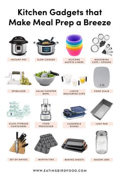 the kitchen gadgets that make meal prep a breezee are shown in this poster