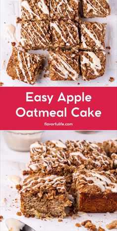 an easy apple oatmeal cake is cut into squares and served on a plate