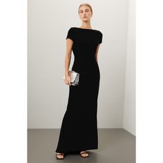 Black crepe (95% Polyester, 5% Spandex). Lining (100% Polyester). Sheath. Cap sleeves. Boat neck. Back zipper closure. 61" from shoulder to hemline. Imported. Bold Accessories, Rent The Runway, Black Gown, Closet Designs, Boat Neck, Cap Sleeves, Spandex, Zipper, Fashion Design