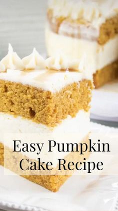 easy pumpkin cake recipe on a white plate with the title text overlay reads easy pumpkin cake recipe