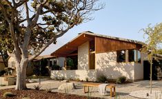 a house with a tree in front of it and some rocks on the ground next to it