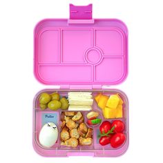 a pink lunch box filled with different types of food