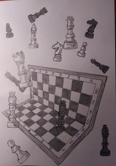 a drawing of a chess board and pieces