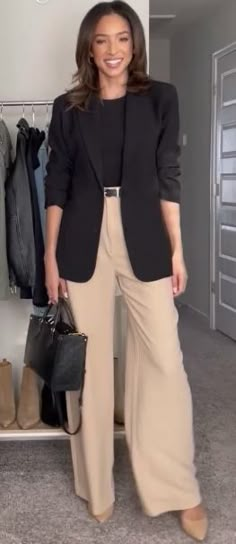 Black And Cream Outfits Classy, Spring Outfits Dinner Casual, Wide Leg Trousers With Blazer, Beige Wide Leg Pants Outfit Winter, Wide Leg Pants Outfit With Jacket, Spring 2024 Business Outfits, Khaki Blazer Outfit Women Work Attire, Wide Leg Pants And Blazer Outfit, Style Khaki Pants Women