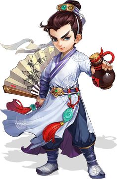 an anime character holding a tea pot and a fan