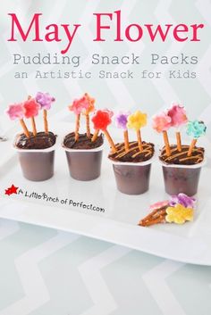 the cover of may flower pudding snack packs is displayed on a tray with other snacks