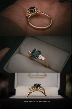 two different views of an engagement ring in gold and green stone with diamonds on each side