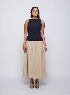 JULIANA DRESS (LATTE) – ANNA QUAN US Drop Waist Skirt, Anna Quan, Mixed Media Dress, Mix Media, Knitwear Tops, Boat Neckline, Drop Waist, Cotton Poplin, Boat Neck