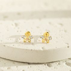 Your little girl will look sweet and pretty all day with these pair of 14k yellow gold butterfly screw back earrings. Its cute size will be suitable for your baby girl's small pierced ears. These butterfly earrings for babies to toddlers have safety screw backs for an extra comfort and security. Buy this bright and sparkling butterfly jewelry to add a little pop of color to your little girl's wardrobe. Gift box included. Baby Earrings, Butterfly Jewelry, Girls Wardrobe, Gold Butterfly, Butterfly Earrings, Screw Back Earrings, Pierced Ears, Girls Shopping, Ear Piercings