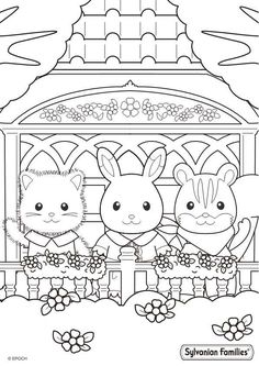 two cartoon animals sitting on a bench in front of a building with flowers and plants