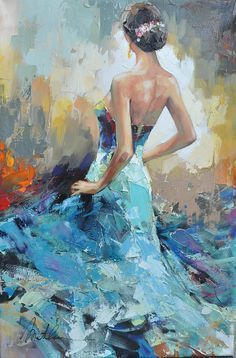 a painting of a woman in a blue dress