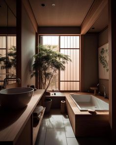 a bath room with a tub a sink and a tree in the middle of it