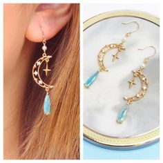 La Meno Gold Moon Celestial Sailor Moon Drop Earrings New With Tags More Details To Come Lightweight Blue Drop Stone 18k Gold Plated Free People Earrings, Moon Drop, Gold Star Earrings, Anthropologie Earrings, Murano Glass Earrings, Long Drop Earrings, Chanel Earrings, Gold Moon, Cz Earrings