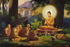 a painting of buddhas sitting in the forest with their animals and drinking from bowls