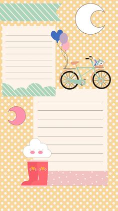 a notepad with a bicycle and cupcake on the top, surrounded by balloons