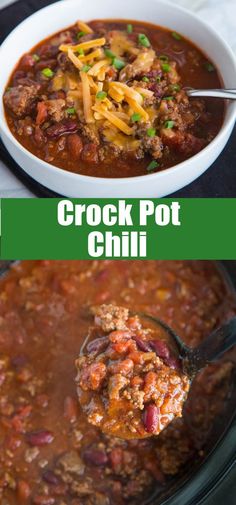 crock pot chili in a white bowl with a ladle full of chili and cheese