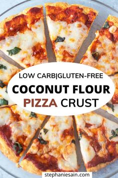 low carb, gluten - free coconut flour pizza crust on a glass platter