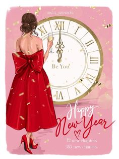 a woman in a red dress standing next to a clock with the words happy new year written on it