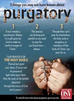 a poster with the words purgatory written on it and hands holding a rosary