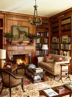 a living room filled with furniture and a fire place in front of a book shelf