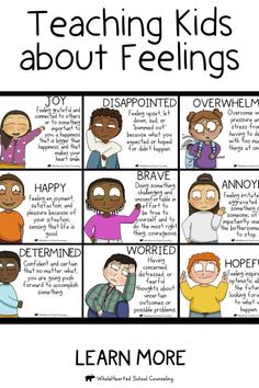 a poster with the words teaching kids about feelings on it and pictures of different people