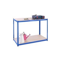 a blue shelf with a toy car and watering can