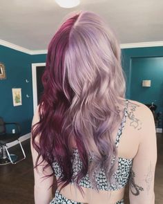 #splithair #purplehair #silverhair #lavenderhair #splithairdye #haircolor Split Dye Purple And Blonde, Hair Dye Ideas For Pale Skin Blue Eyes, Burgundy Split Dye, Lavender Split Dye, Burgundy And Purple Hair, Pink Split Dyed Hair, Grey And Purple Hair, Trendy Hair Salon, Blonde And Purple Hair