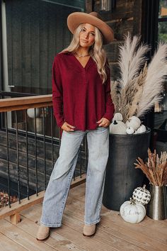 Casual Waffle Knit Henley For Fall, Fall Waffle Knit Henley For Loungewear, Henley Neckline Waffle Knit Tops For Fall, Fall Waffle Knit Henley With Henley Neckline, Fall Waffle Knit Henley, Fall V-neck Waffle Knit Sweater, Fall Waffle Knit V-neck Sweater, Solid Long Sleeve Waffle Knit Henley, Fall Relaxed Fit Split Neck Top