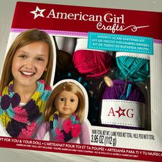 the american girl crafts kit includes two knitted scarves and an american girl doll