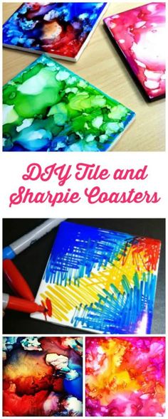 some colorful art work is shown with the words diy tile and sharpie coasters