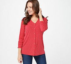 Button up in all the feel-good glory this Liquid Knit® shirt has to offer, like a too-cute print and flirty ruched sleeve openings. From Susan Graver. Ruched Sleeve, Susan Graver, All The Feels, Button Front Shirt, Knit Shirt, Shirt Blouses, Tunic Tops, Button Up, Top Blouse