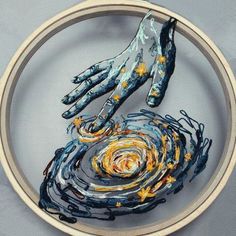 an image of two hands on top of each other in a circular frame with string