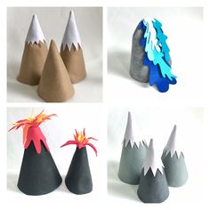 four different types of hats made out of felt and paper mache, each with an origami bird on top