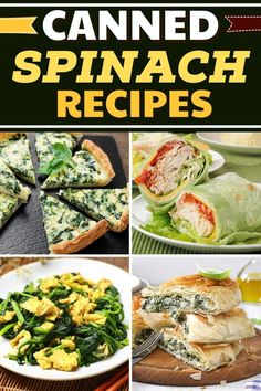 spinach and spinach recipe collage with images of spinach, spinach leaves, chicken salad, bread