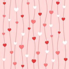 red and white hearts are hanging from strings on a pink background with the word love written in